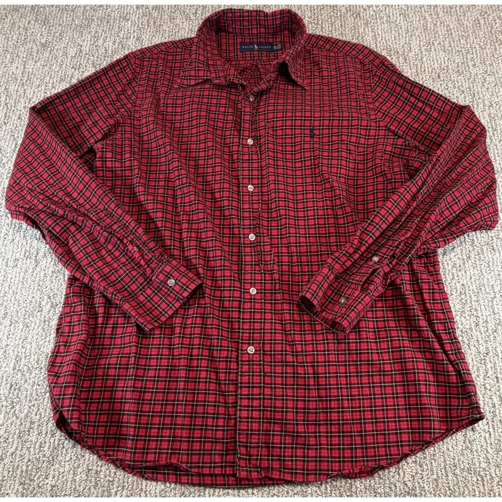 Polo Ralph Lauren Button Up Shirt Men's XL Red Black Plaid‎ Preppy Midweight